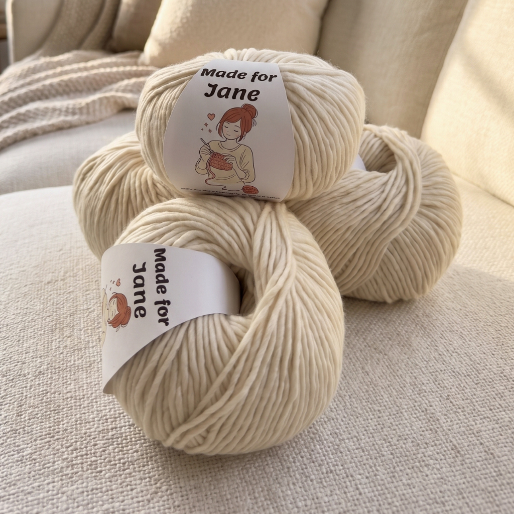 Yarn with personalized labels. Ivory
