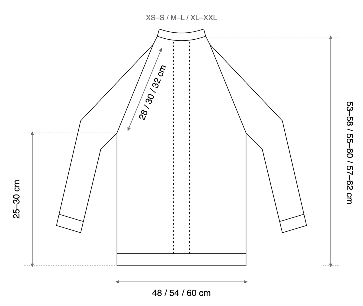 SOFT DIVISION sweater schematic: width 48/54/60 cm, length 53–62 cm, raglan 28/30/32 cm